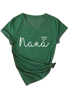 Detail of V-neck dark green T-shirt featuring Nana heart print and side knot design