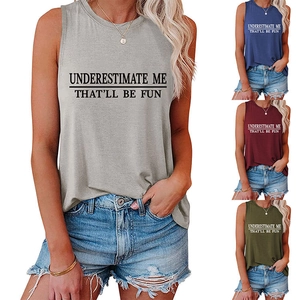 Detail showing various colors of the sleeveless slogan vest with printed letter pattern