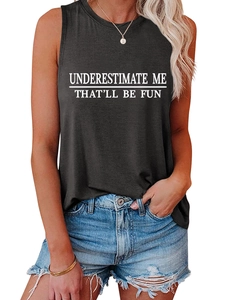 Detail of black sleeveless tank top with white slogan print and crew neck design