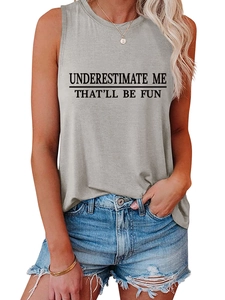 Close-up of gray sleeveless tank top featuring bold black slogan print for casual wear