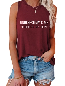 Close-up of burgundy sleeveless tank top featuring white graphic quote print
