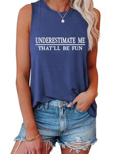 Detail of navy sleeveless tank top featuring UNDERESTIMATE ME slogan in white print