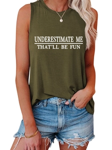 Detail of army green sleeveless tank top featuring bold white quote print and round neck