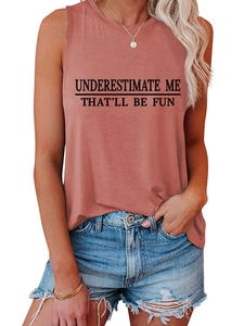 Detail of brick red sleeveless vest featuring black text print and round neckline