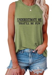 Close-up of the black printed slogan on the green sleeveless vest with round neckline