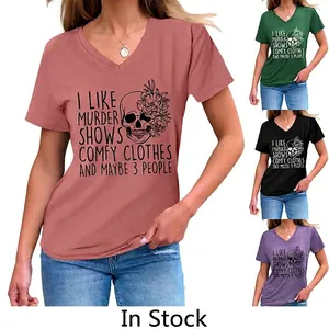 T-Shirt Femme Col En V Manches Courtes Mélange Coton Imprimé Graphique Crâne Fleurs Décontracté Ample Slogan Humour