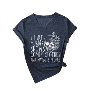 T-shirt col en V gris foncé pour femme avec imprimé tête de mort et nœud latéral