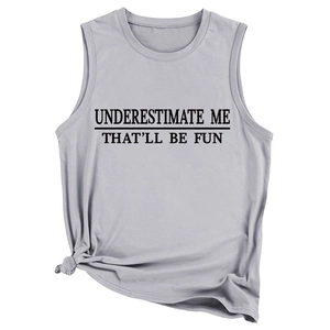 Detail of grey sleeveless slogan tank top with a stylish knot at the bottom hem