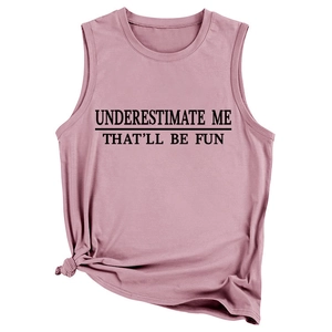 Detail of mauve sleeveless tank top with knotted hem and bold slogan print for women