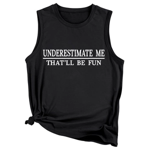 Close-up of black sleeveless tank top featuring white Underestimate Me text and side knot