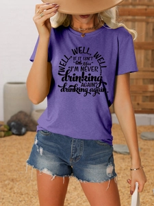 Detail of purple cotton T-shirt featuring well well well if it print and casual round neck