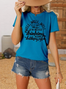 Detail of blue cotton T-shirt featuring artistic black well if it letter print design