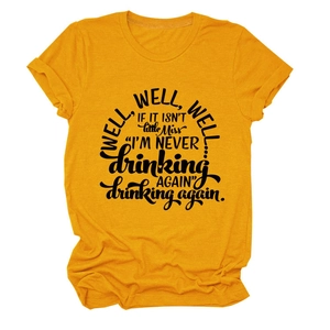 Detail of soft mustard yellow crew neck T-shirt with black artistic typography print
