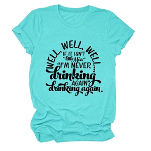 Detail of turquoise crew neck T-shirt with black text print and folded cuff sleeves