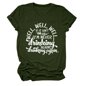 Detail of white humorous quote print on olive green cotton crewneck short sleeve T-shirt