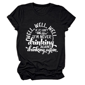Detail of Well Well Well slogan printed on a casual black round neck short sleeve T-shirt