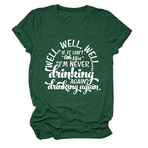 Detail of forest green crew neck t-shirt with rolled sleeves and white graphic text