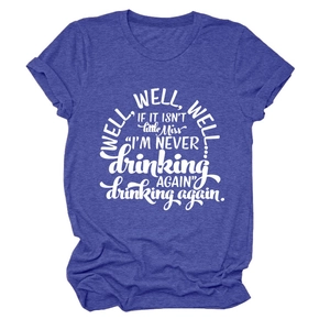 Detail view of the humorous typography print on a crew neck short sleeve heather blue t-shirt