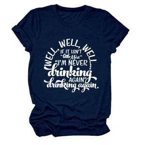 Detail of navy blue cotton t-shirt with white Well Well Well typography print