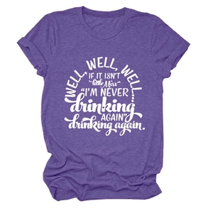 Close-up of heather purple knit fabric and white graphic print on casual crewneck t-shirt