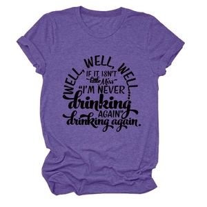 Detail of Well Well Well If It Isn't My Own Actions printed on heather purple cotton t-shirt