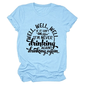 Detail of light blue cotton T-shirt featuring funny black script typography print