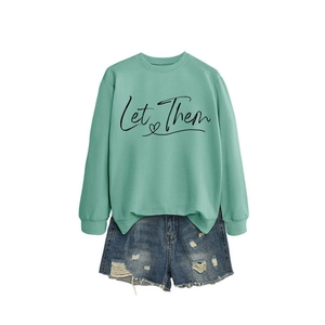 Mint green long sleeve sweatshirt with 'Let Them' print and ripped denim shorts set