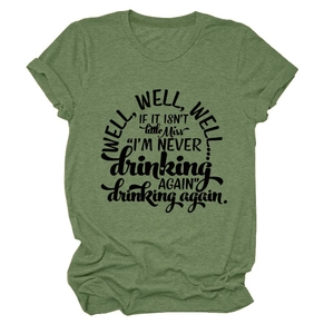 Close-up of green crew neck t-shirt featuring 'well well well if it' humor print