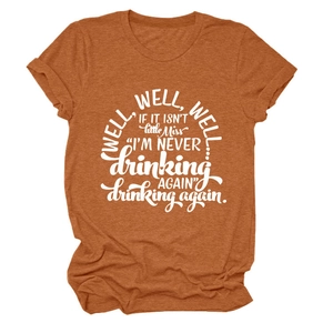 Detailed flat lay of caramel crewneck t-shirt with retro white slogan typography