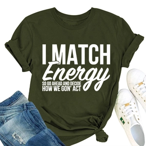 T-shirt col rond vert olive avec inscription blanche I MATCH ENERGY en vue à plat