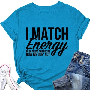 T-shirt bleu à message avec nœud à l'ourlet et col rond en coton décontracté