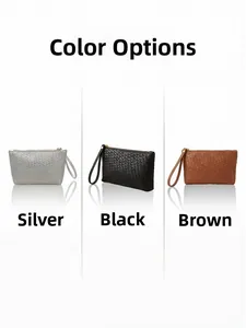 Three oversized woven envelope clutches shown in silver, black, and brown with wrist straps