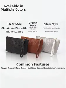Three woven clutch bags in black, brown, and silver with wrist straps and gold zippers