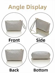 Four views of a silver woven men's clutch bag showing front, side, back, and bottom angles