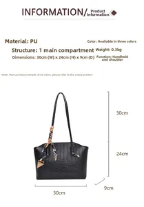 Detailed dimensions of black faux crocodile tote bag with silk scarf on white background