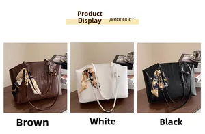 Three crocodile embossed tote bags in brown, white, and black with floral handle scarves