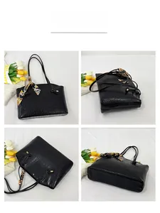 Detailed views of a black crocodile-pattern tote bag featuring an elegant printed scarf
