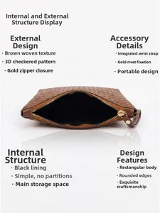 Detail of a brown woven envelope clutch bag with gold zipper and a wristlet strap