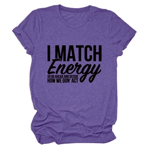T-shirt violet chiné posé à plat avec impression texte noir I MATCH ENERGY