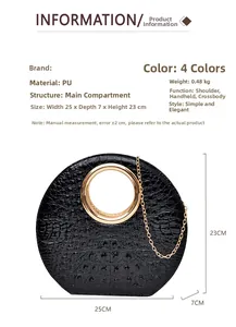 Detailed size chart of vintage black faux crocodile handbag with round metal handle