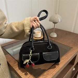 Vintage Underarm Shoulder Bag Suede PU Leather Mixed Texture Dual Front Pockets Cherry Charm Retro Style