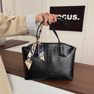 Retro Crocodile Pattern Tote Bag PU Leather Large Capacity Shoulder Bag With Satin Scarf Decor Elegant Commute Handbag