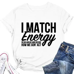 T-Shirt Femme Mélange Coton Col Rond Manches Courtes Imprimé Lettres Décontracté Ample Slogan Top