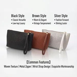 Large woven envelope clutches in black, brown and silver with leather wristlet straps