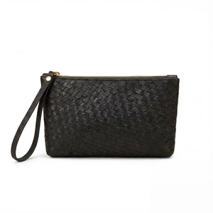Fashionable black woven leather clutch bag with gold zipper and wrist strap on white background