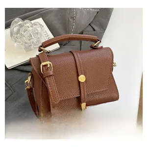 Dettaglio della borsa marrone vintage texture lychee con chiusura in metallo dorato