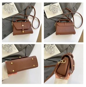 Detailed views of a brown pebbled leather trapezoid bag with metal hardware and strap