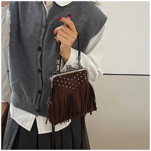 Detail of dark brown fringe handbag with vintage metal clasp and silver studs