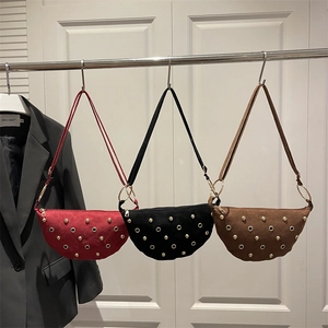 Suede motorcycle hobo bags with metallic rivets in red, black and brown colors