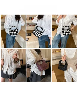 Detail shots of women's woven leather crossbody bag showing various colors and styling options